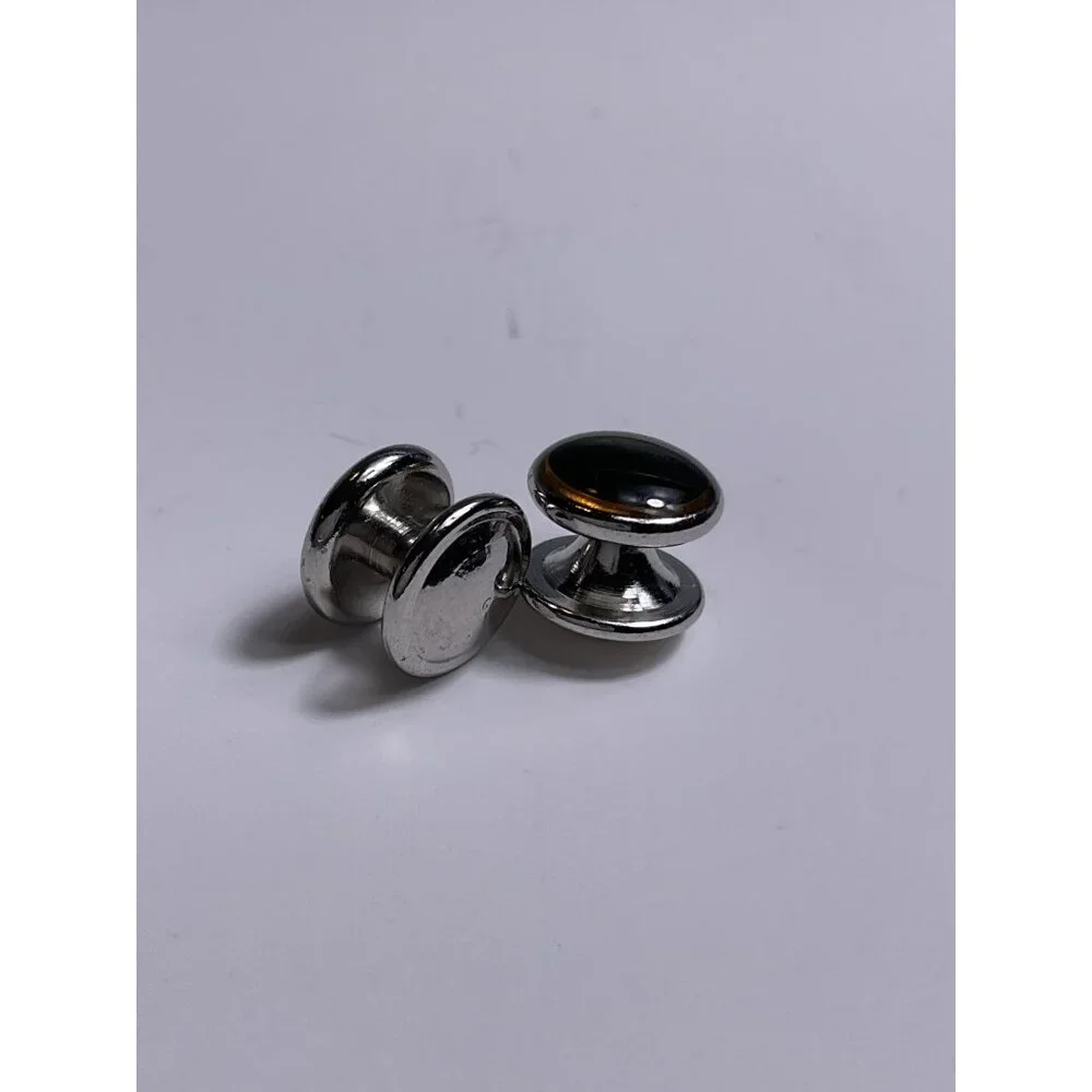 Mens Black Resin & Silver Metal Round Cufflinks Elegant Design